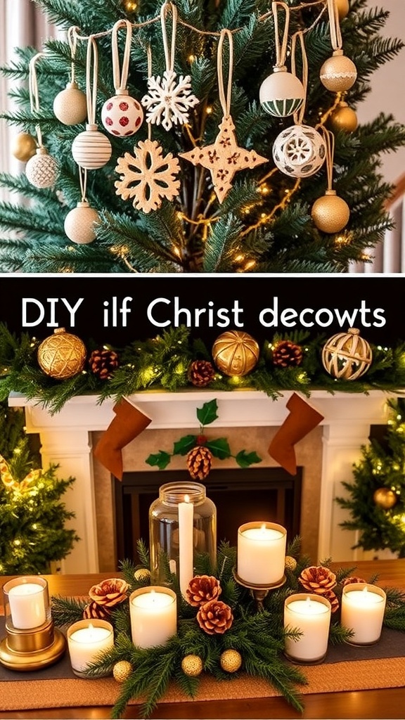 Aesthetic DIY Christmas decorations including ornaments, garland, and a centerpiece on a festive table.